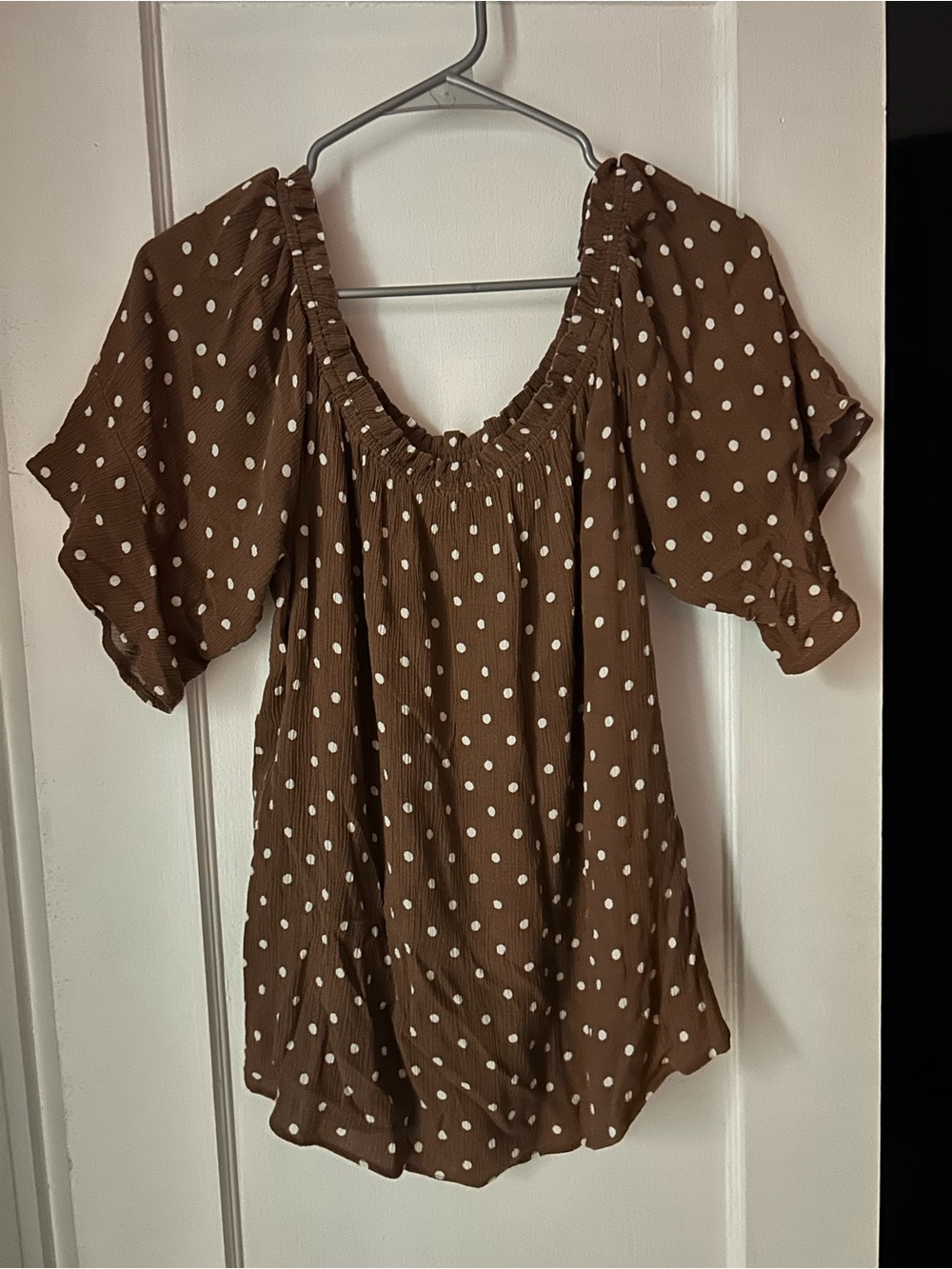 Maurices Brown Polka Dot Off-Shoulder Puff Sleeve Top